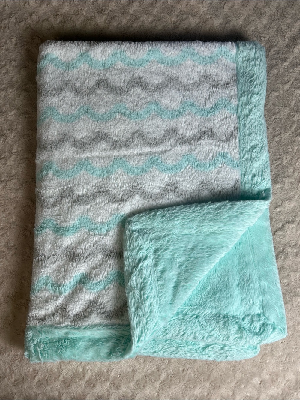 Bananafish Studio Aqua Blue Wave Scallop Print Baby Blanket White Gray Plush